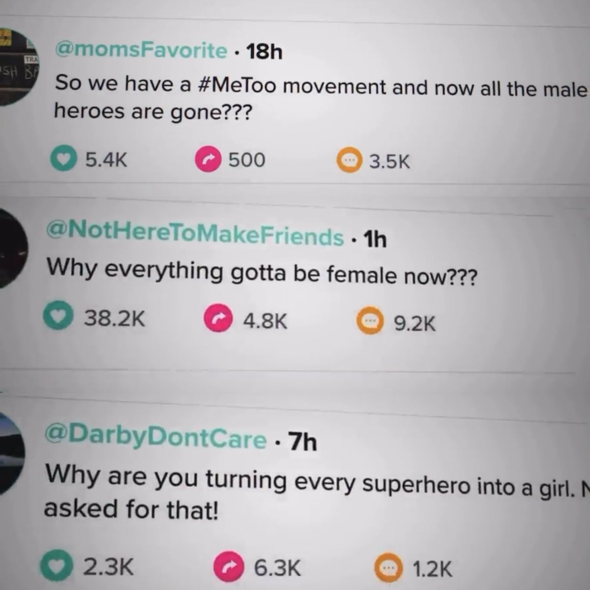 shehuIkupdates's tweet photo. It seems like Marvel took some inspiration. In 2019 when Marvel announced She-Hulk the comments were spammed with outraged men. Even some of the exact words shown in the video. “So we have a metoo movement now and all the male heroes are gone?” #SheHulk #SheHulkAttorneyAtLaw https://t.co/YQoJGcnAP6