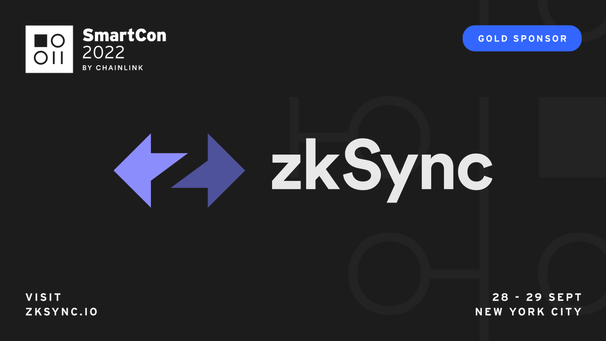 chainlink's tweet photo. We're excited to have @zksync as a #SmartCon 2022 gold sponsor.

Join us in NYC to hear @the_matter_labs' Chief Product Officer @stevenewcomb explore the latest advancements in zk-based Ethereum scaling.

Preferred pricing ends in 4 days, register now: https://t.co/ogrCWIgeRr https://t.co/GF1n2s95Ta