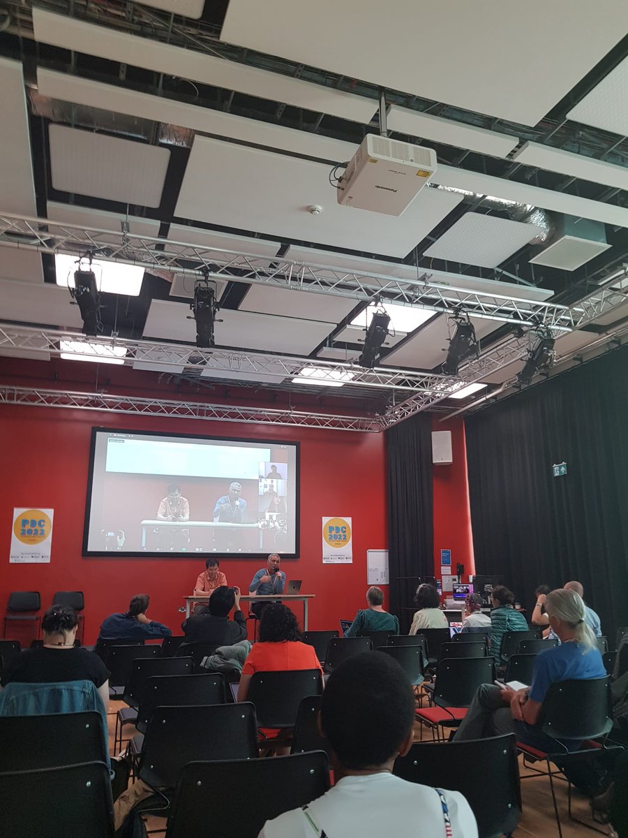 PDC_conference's tweet photo. Wonderful panel earlier on the experiences &amp; lessons learned from the hybrid #PDCPlaces, such as the question of making the conf both accessible and attractive to people, communities &amp; organisations outside of academia or using social media as a communication tool. #PDC2022 https://t.co/tc5cdkuUDD