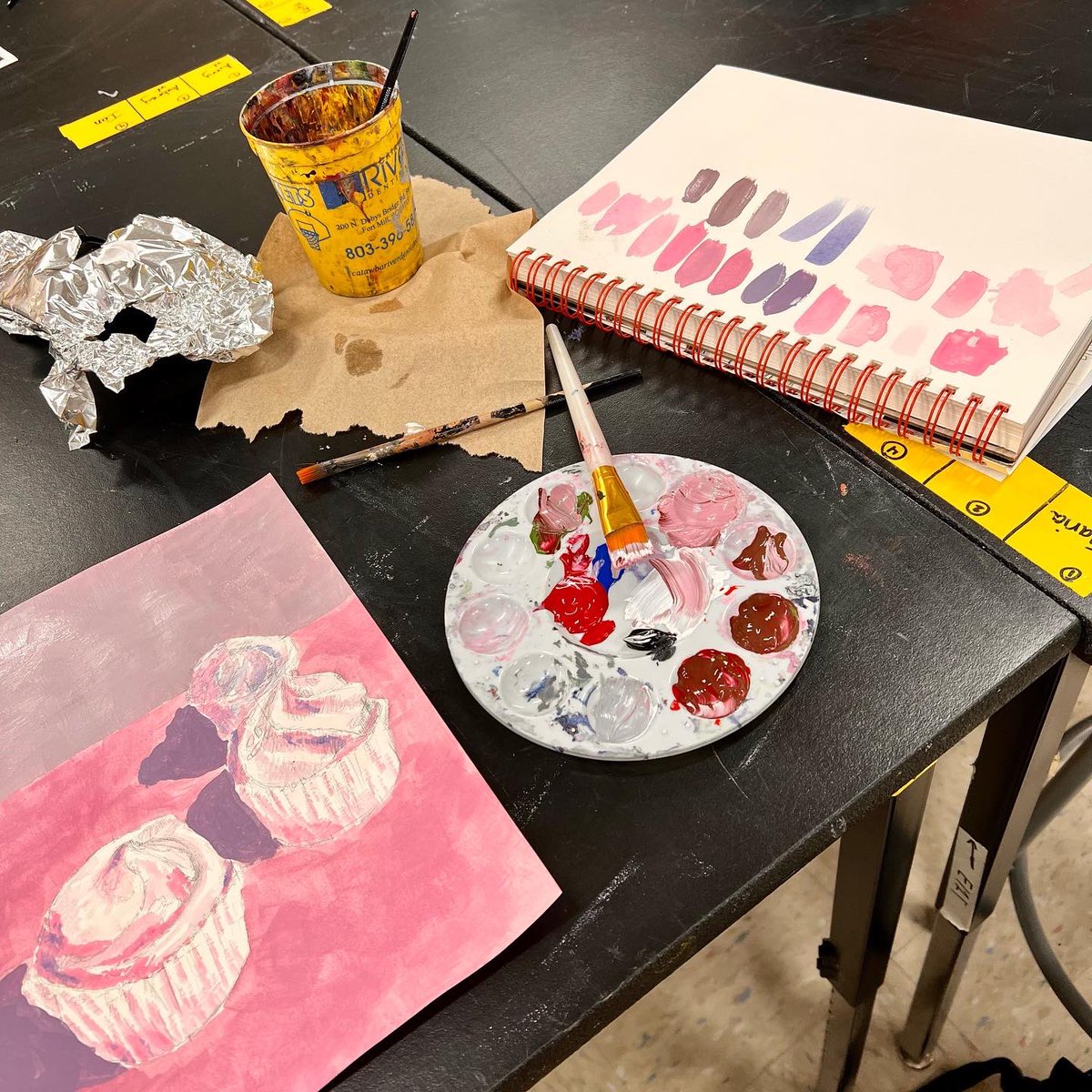 art_passmore's tweet photo. So impressed with my painters this year. A nod to Wayne Thiebaud, “the dessert painter.” And yes, we ate cupcakes. 😋 (in process) https://t.co/BdEucE7ZHz