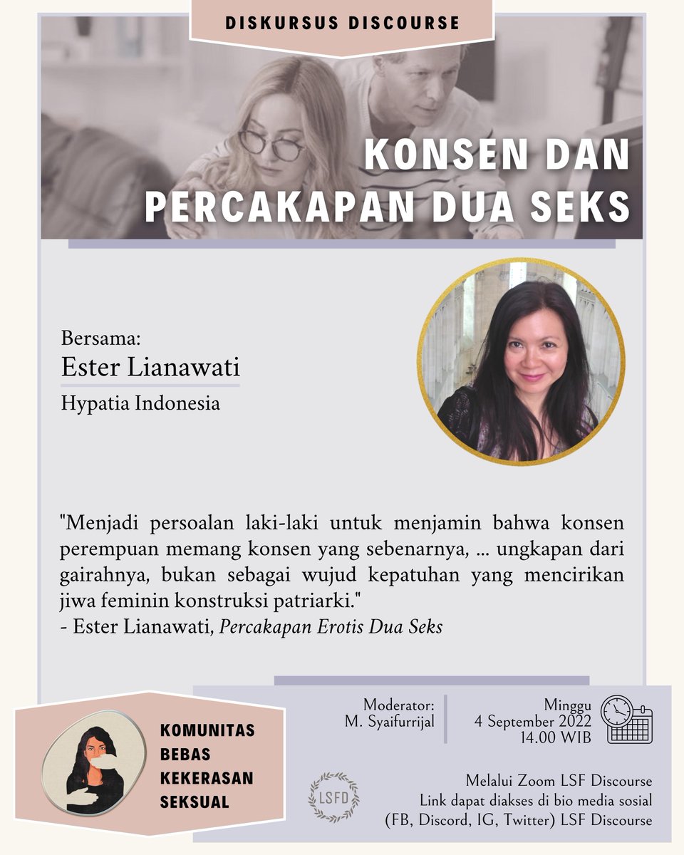lsfdiscourse's tweet image. Konsen

Konsen menjadi isu penting dalam hubungan interpersonal, utamanya dalam relasi seksualitas. Kehendak seseorang dapat berubah di saat yang tidak terprediksi dan hal ini mampu memicu kekerasan dalam lingkungan terdekat. 

#konsen #sexualharassment #setara
