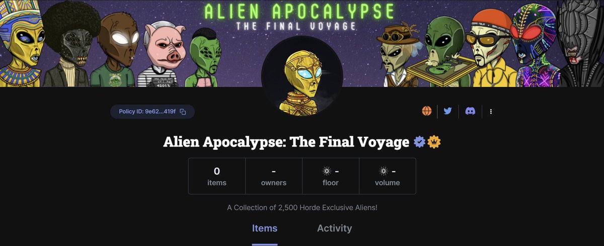 The Final Voyage is imminent... Aliens will be arriving in your wallets very soon🛸

You can find the collection over on <a href="/jpgstoreNFT/">jpg.store</a>👀
👉jpg.store/collection/ali…

#AlienApocalypse #HordeGang #CNFTCommunity #CroFam
