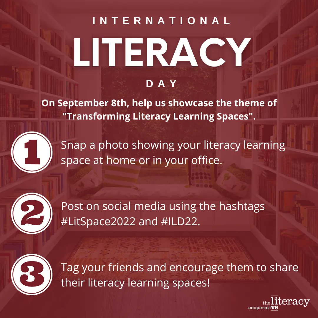 #InternationalLiteracyDay is exactly one week away! We are excited to celebrate this year's theme of "Transforming Literacy Learning Space". Help us celebrate by showing us your literacy learning space at home or at work! #LitSpace2022 #ILD22