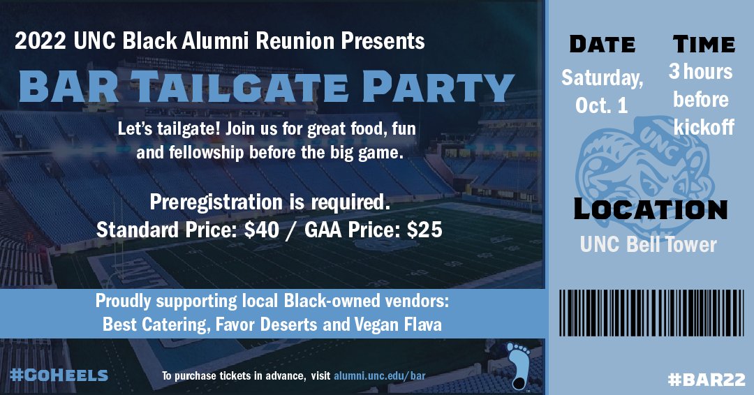 uncblackalumni's tweet photo. The #UNC Black Alumni Tailgate Party is back! Join us on Saturday, October 1 for food, fun and fellowship at the iconic UNC Bell Tower. We will be proudly supporting local #blackownedbusinesses. More details will follow closer to game time. #GoHeels #BAR22 https://t.co/A3aWkltYFY