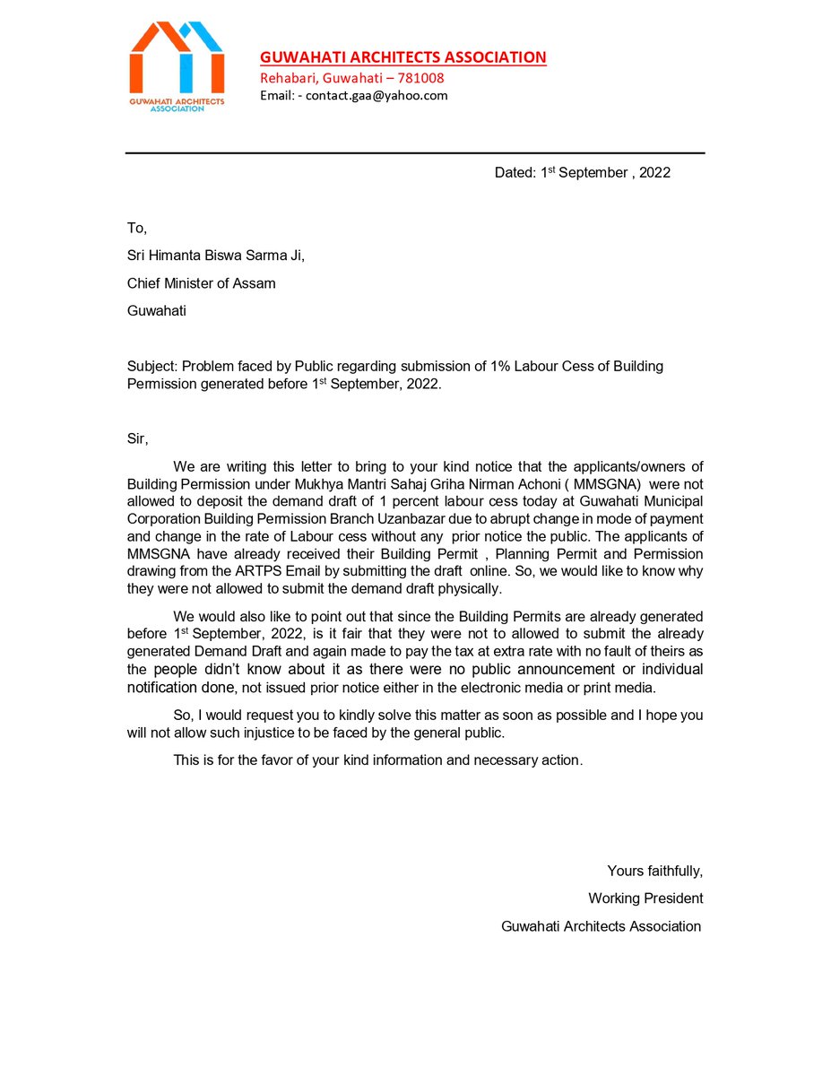 ghyarch's tweet photo. @himantabiswa @CMOfficeAssam @OfficeofHBS 
Respected Sir, We wanted to bring to your kind notice about the problem faced by the public regarding change of rate and process of Labour Cess 1 % Tax of Building Pemission (MMSGNA) without any prior notice. #Guwahati @gmc_guwahati https://t.co/XKDGBgj66v