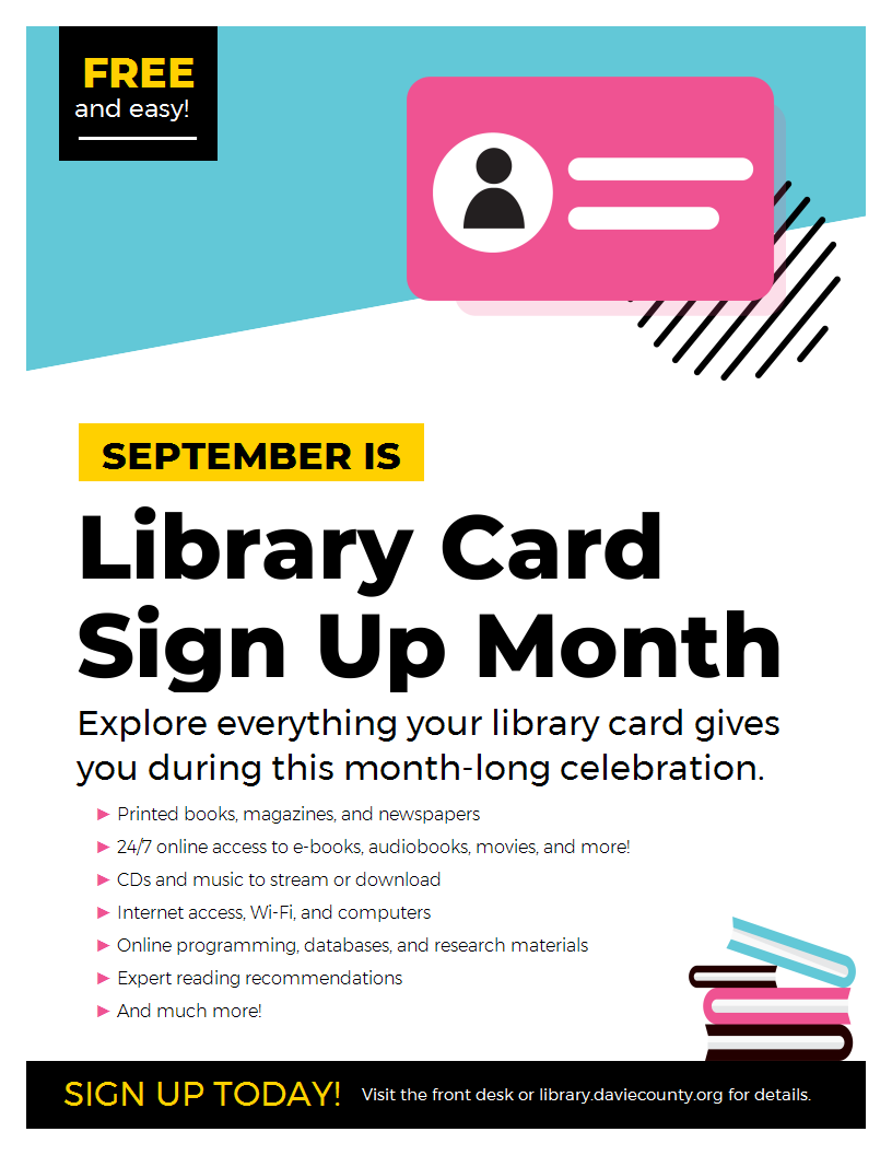 Did you know this month is library card sign up month? Come to the library and get your own library card! 

#librarytwitter #daviecountypubliclibrary #booklovers #librarycard