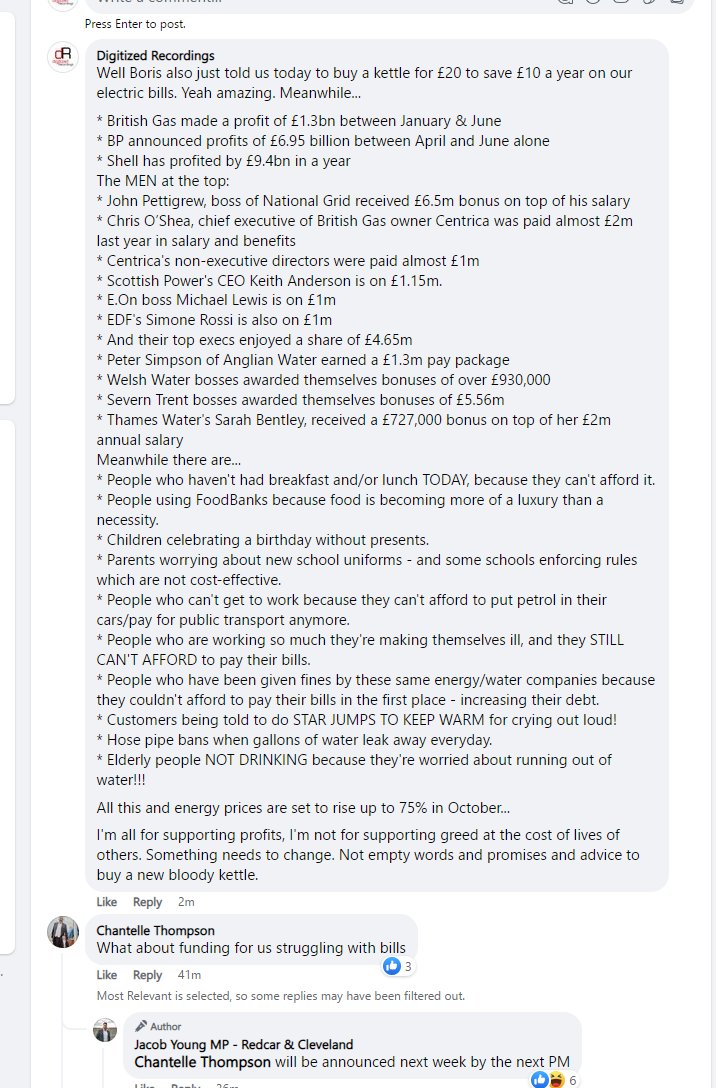 DigitizedR's tweet image. Well @JacobYoungMP has just been true to form. He deleted my reply to his Boris post on his Facebook page and has blocked me to boot. Below is said reply. Nothing offensive, nothing untrue, just facts and concerns. I'm a constituent of yours Jacob, remember that.