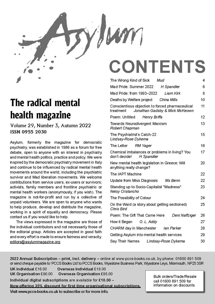 Our Autumn issue will be out in a week or so!  

Cover image and lead article by <a href="/mud_the_kid/">mud</a> 
Contributions by <a href="/HSpandler/">H.Spandler 🐾🏳️‍⚧️🏳️‍🌈</a> @DrRJChapman <a href="/chinatmills/">china mills (she/her)</a> <a href="/mickmckeown2016/">Mick McKeown</a> <a href="/IndigoDaya/">Indigo Daya</a> @PeteCarruthers <a href="/nikkiLynette/">Lynette the Threat</a> and more....
Artwork by @RRowanOlive <a href="/PSYfem/">Dr Sonia Soans</a> etc