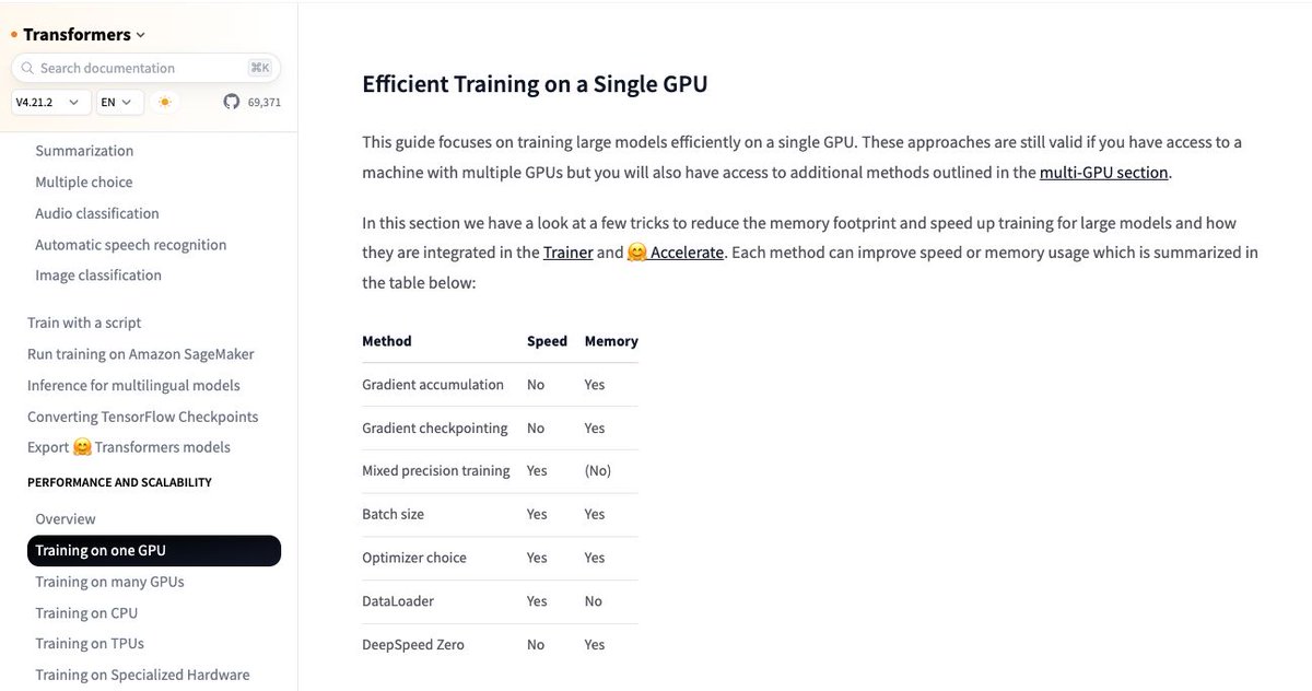 _philschmid's tweet image. Did you know that the Transformers documentation has a dedicated guide on &quot;Efficient Training on a Single GPU&quot;?🤯🔥⚡️
👉huggingface.co/docs/transform… 

In this guide, you will learn how to reduce the memory footprint and speed up training for large models.🔥