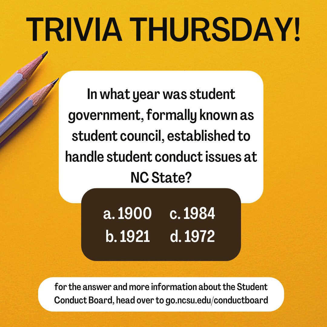 It's time for Trivia Thursday! Head over to go.ncsu.edu/conductboard to learn the answer and more about the Student Conduct Board! Applications are open until October 5th 2022.