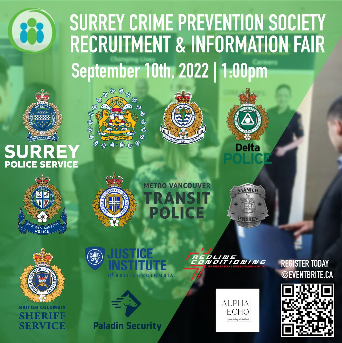 PreventCrimes's tweet photo. Join us September 10th 1pm - 3pm for our #JobFair & meet recruiters for a variety of careers in public service! Register today! @surreyps @TransitPolice @VancouverPD @SaanichPolice @deltapolice @NewWestPD @CalgaryPolice @BCSheriffs @JIBCnews @PaladinSecurity @RedLine_Cond https://t.co/eriGb43nLk