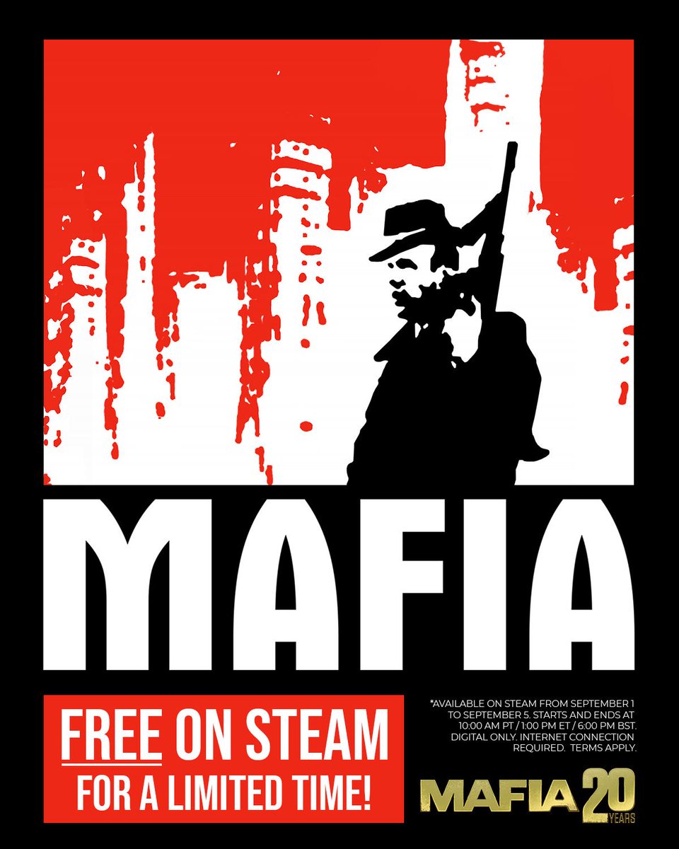 MafiaItalyGames's tweet photo. In onore dei 20 anni scarica #Mafia gratis (versione digitale) su #Steam dall'1 al 5 Settembre.
Affrettatevi!

#MafiaIII #MafiaII #MafiaGame #2K #Hangar13Games https://t.co/0wvub92EZK