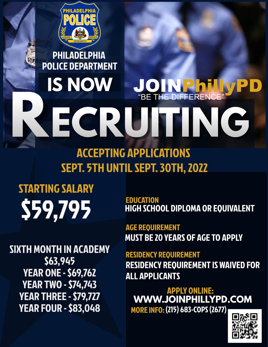 The Philadelphia Police Department is accepting applications from September 5th until September 30th, 2022. Start at $59,795