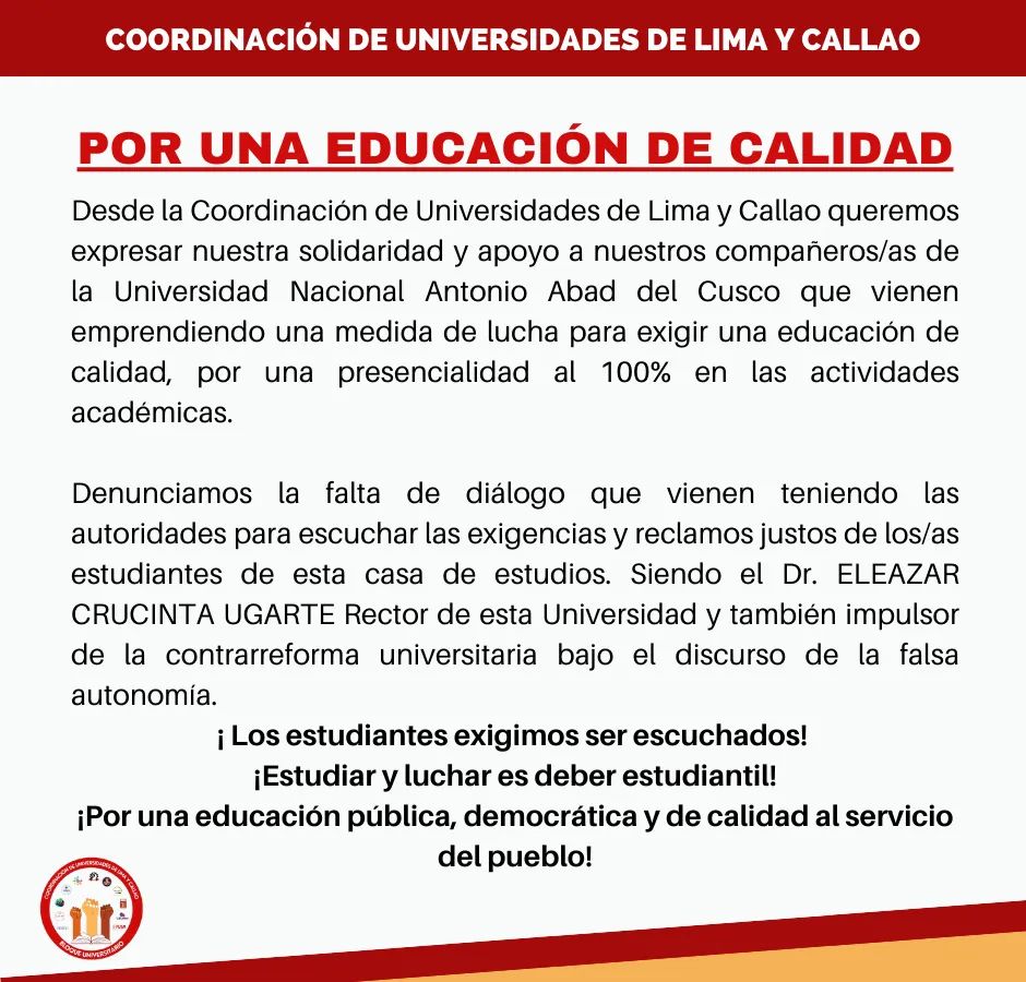 Desde la Coordinación de Universidades de Lima y Callao queremos expresar nuestra solidaridad y apoyo a nuestros compañeros/as de la Universidad Nacional Antonio Abad del Cusco.