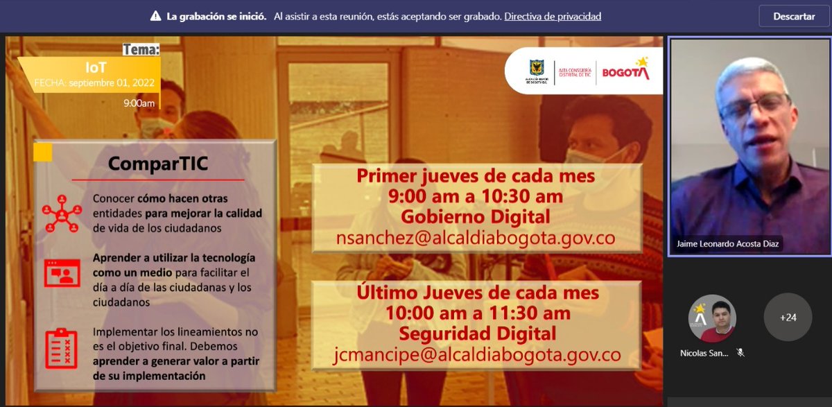 ConsejeriaTIC's tweet photo. Inició nuestro #ComparTIC, un espacio en el que entidades públicas distritales dan a conocer sus experiencias de la implementación y uso de la tecnología, para mejorar la calidad de vida de la ciudadanía.
¡Hoy nuestro tema es sobre Internet de las cosas #loT! https://t.co/uPJxFwIJLz