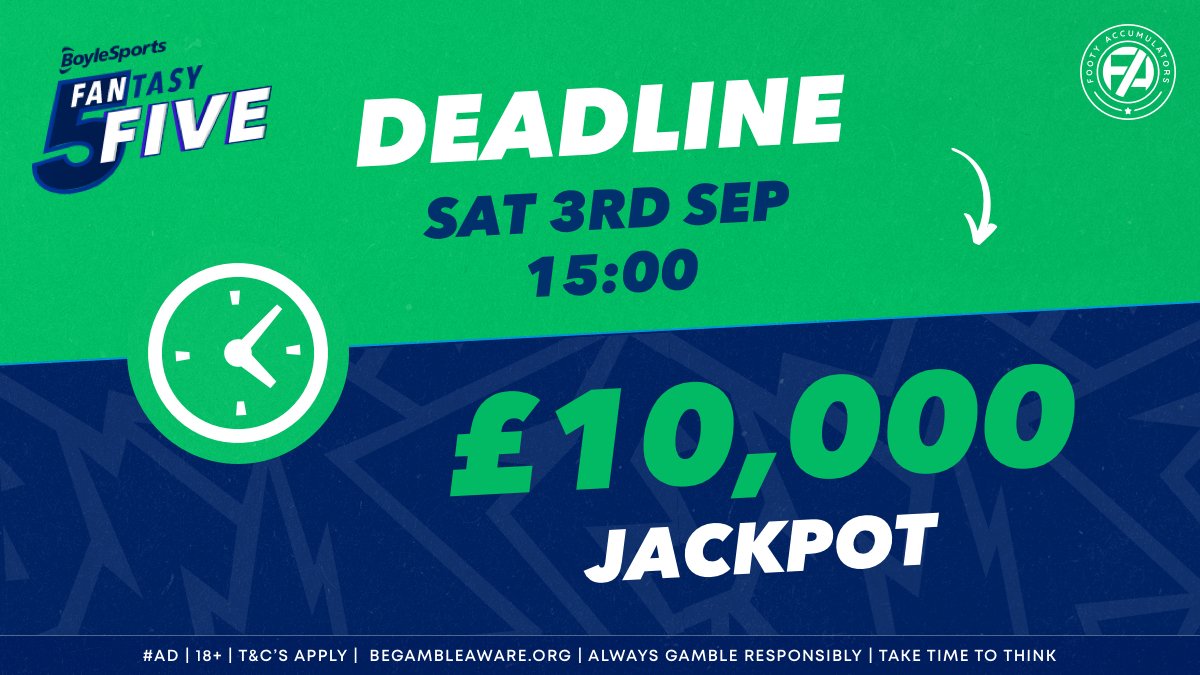 FootyAccums's tweet photo. DEADLINE AT 3PM! ⏰

How #Fantasy5 works:

1: Sign up for FREE
2: Select a player from each of the 5 selected games.
3: WIN the £10k jackpot if all five players beat their given points target!

Play for FREE >>> https://t.co/DaiEb8YOGa

#Ad | 18+ | T&amp;Cs Apply https://t.co/ICeLrh0szu