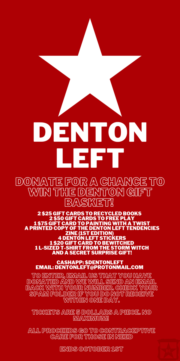 We are working with a local mutual aid org to bring you this contraceptive aid fundraiser! We went to local Denton businesses and they gave us a plethora of gift cards and merch that will go to one lucky winner. Check out the info below to find out more.