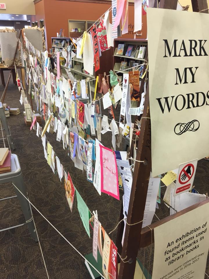 LibbyAlbers's tweet photo. impromptu book marks included a banana peel, an M&amp;M, and a tampon wrapper.  Lots of old photos, grocery lists, and plane tickets.
@HesstonPL https://t.co/H94bul9MkL