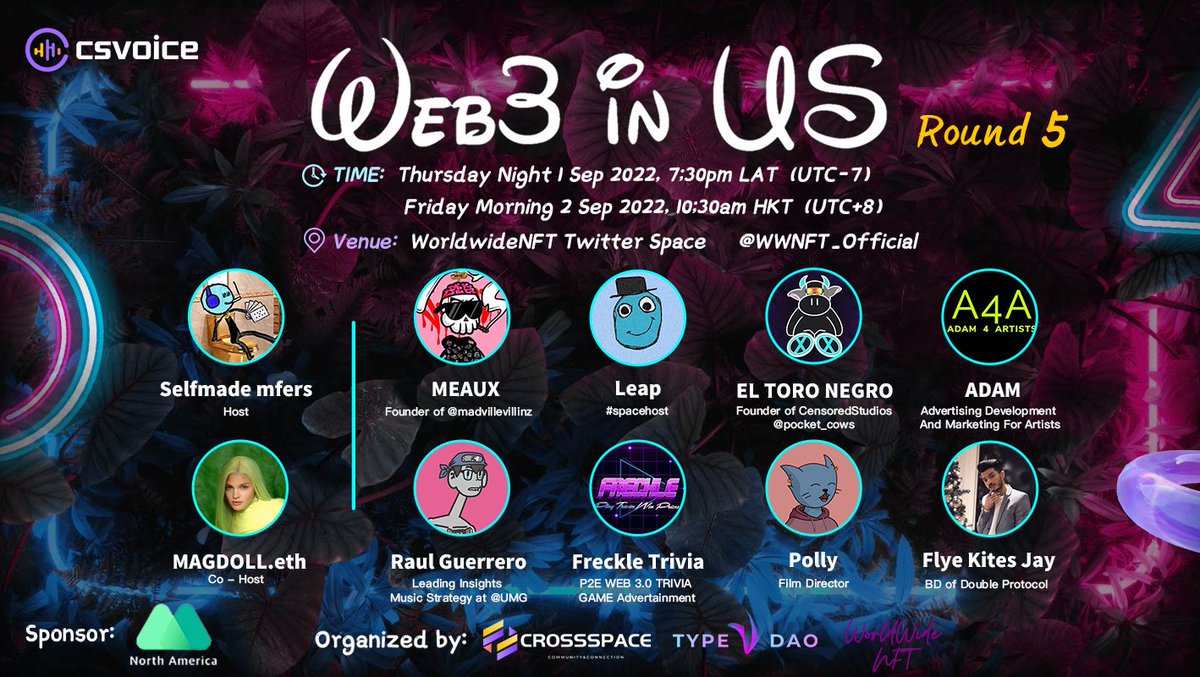 #Web3 in US starts at 19:30 on Sep 1 (UTC-7)!🔥
Guests: <a href="/meauxgreen/">MEAUX GREEN</a> <a href="/leap_xyz/">Leap</a> @Dougy_buller <a href="/Adam4Artists/">ADAM🚀</a> <a href="/RaulAGuerrero/">Raul (0xShinigamiEyes) 🌴🎧</a> <a href="/FreckleTrivia/">Freckle TV</a> <a href="/pollyshot/">P🌸LLY</a> <a href="/FlyeKitesJay/">Sanjay</a> 

💰100U #Giveaway from @MEXC_NA for 10 winners
✅ Follow @MEXC_NA <a href="/CSpaceOfficial/">CrossSpace Official ⚛️</a> <a href="/WWNFT_Official/">WorldwideNFT</a>
✅ Like&amp;RT

48hrs 🔥