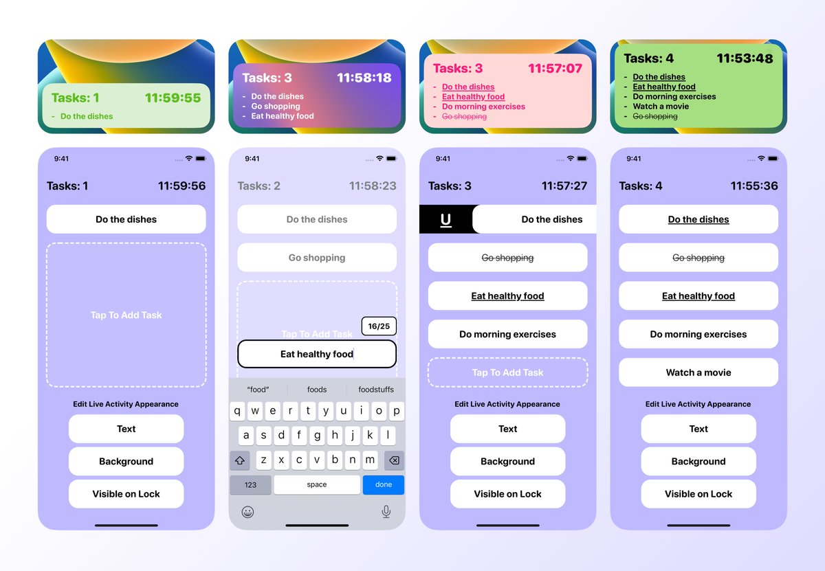 I've been making a Live Activity App! 😀

Tasks get added to the activity and have 12 hours till they disappear - I'm really intrigued by Live Activities and love how customisable they can be.