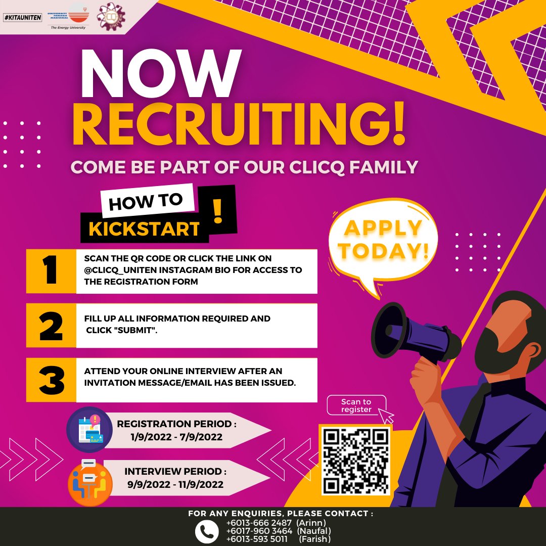 clicq_uniten's tweet photo. Starting new semester soon? Willing to try out planning various events in a team ? Let's be part of CLICQ Club Committees🤩

We are recruiting new committee members to join our journey of adopting technological lifestyle, enhancing IT abilities, etc. This is your time to shine!✨ https://t.co/knKDKgHOwy