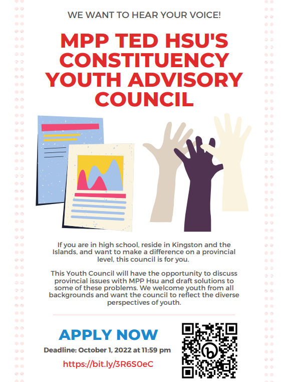 tedhsu's tweet photo. Are you in high school? Do you live in Kingston &amp; the Islands? Do you want to make a difference at the provincial level? I want to hear from you!
Apply for my Constituency Youth Advisory Council by 11:59pm on October 1st &amp; help draft solutions to some provincial issues! #youth https://t.co/7CBd9f3XQj