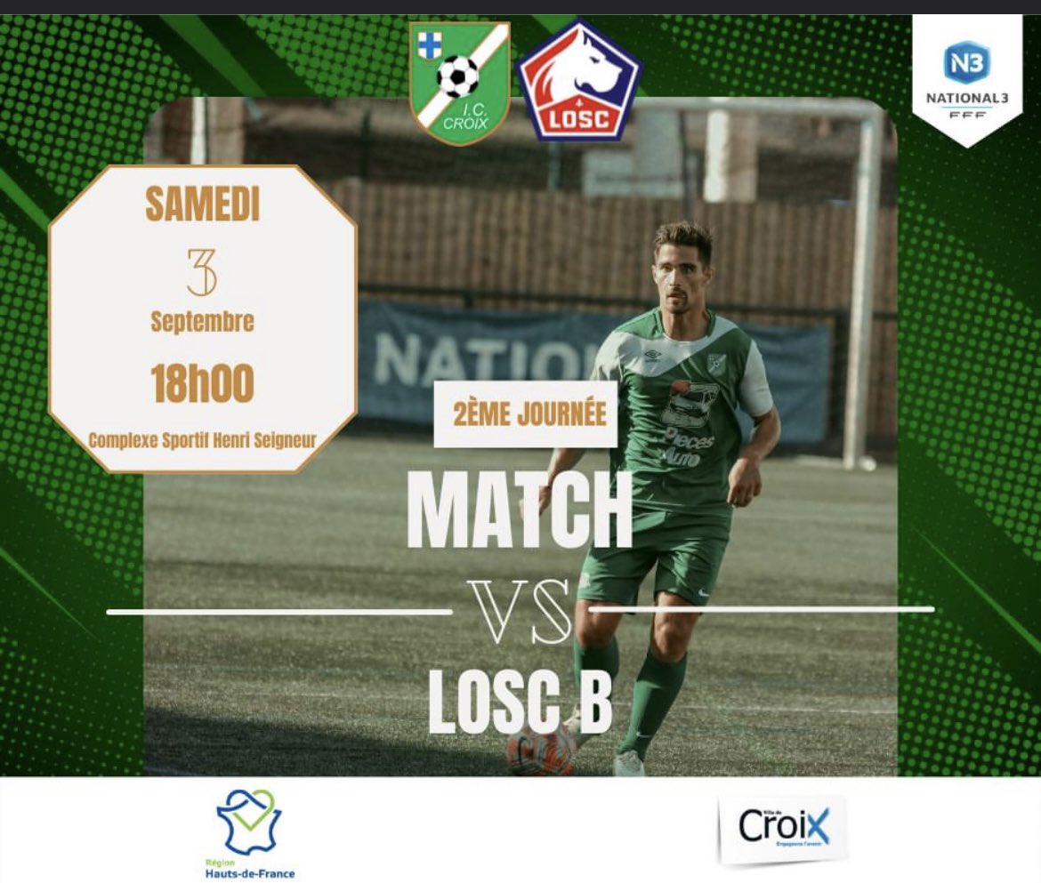 ⚽️ 𝙈𝙖𝙩𝙘𝙝 𝙙𝙪 𝙬𝙚𝙚𝙠-𝙚𝙣𝙙 - 𝙉𝙖𝙩𝙞𝙤𝙣𝙖𝙡 3 ⚽️

🏆 National 3
🗓 2ème journée
🆚️ LOSC B
⌚️ 18h00
🏟 Complexe sportif Henri Seigneur

𝙰𝙻𝙻𝙴𝚉 𝙻’𝙸𝚁𝙸𝚂 🟢⚪️
