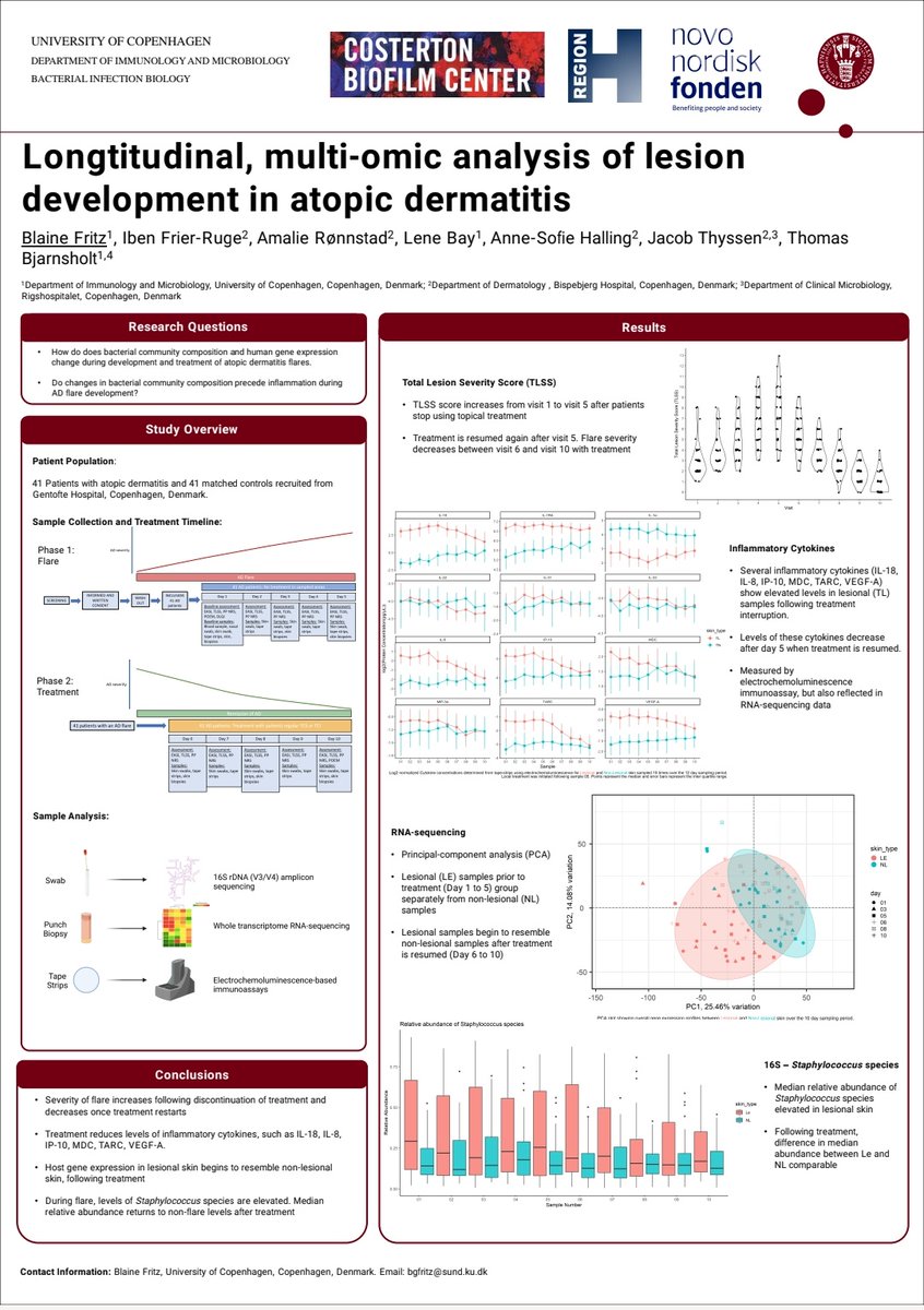 Kvichers's tweet image. Visit poster #165 tomorrow, if you would like to learn about the multi-omic analysis of microbiome and host physiology during lesion development in atopic dermatitis @EBF2022