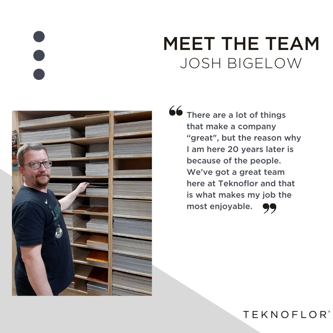 Teknoflor's tweet photo. In honor of his 20th work anniversary at Teknoflor this month, we would love for you to meet our sample department manager, Josh Bigelow! Please join us in congratulating Josh on this milestone in his career! https://t.co/7OGlbbK04V