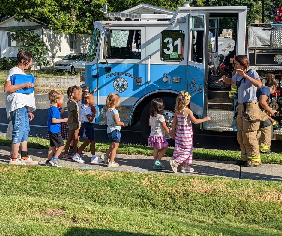 ChapelHillFD's tweet photo. Engine 31 was on its way to training when the crew made a quick stop to visit children outside @childrencampus1 of Chapel Hill! We showed off the truck and spent some time talking about what being a community helper means to us ♥ https://t.co/eCCqmKP2A3