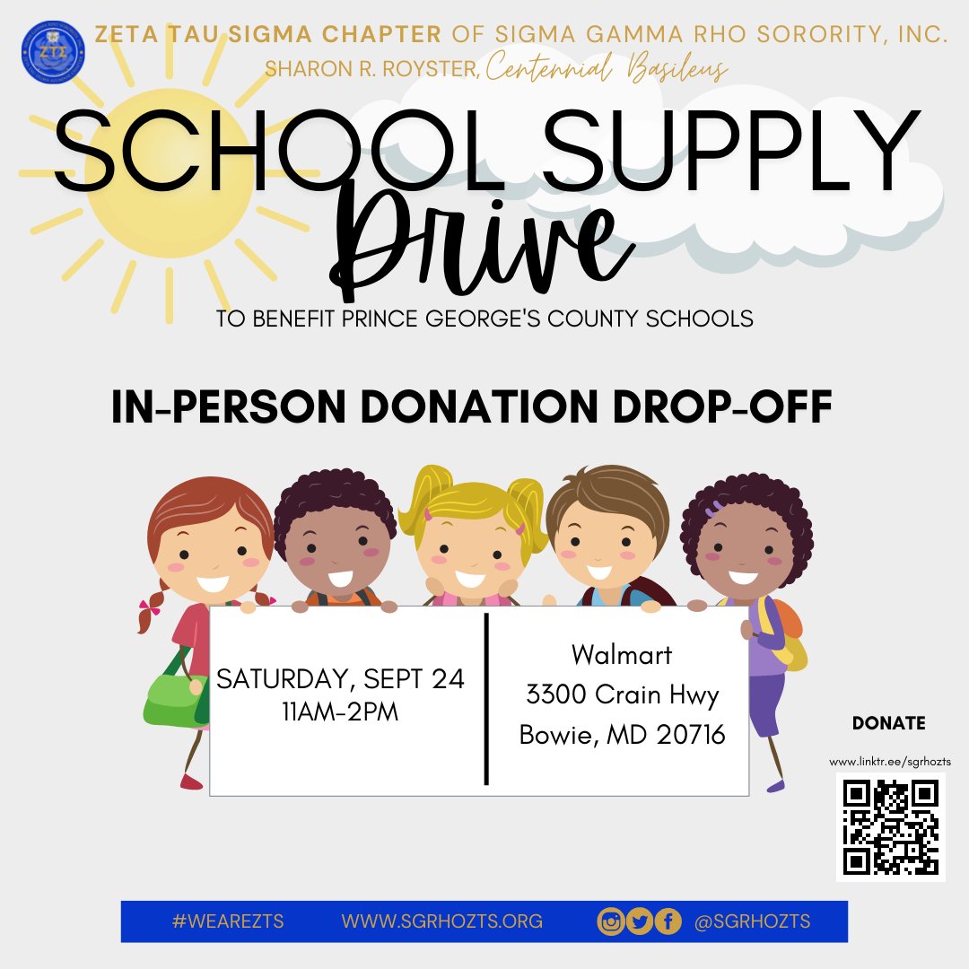 sgrhozts's tweet photo. ZTS will be at the Crain Highway WalMart on 9/24 from 11AM until 2PM collecting school supplies and monetary donations to support Prince George's County Schools. 

Can't make it? Visit https://t.co/o9evgk4k0D to donate via our Amazon Wishlist, PayPal, or CashApp. 

#WeAreZTS https://t.co/nq6N1QwKMi