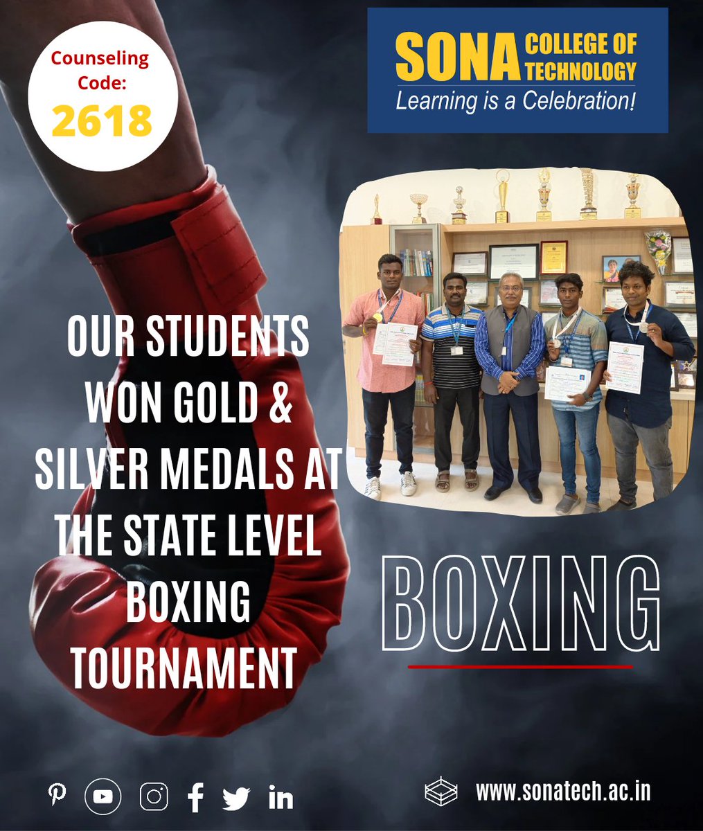 sonacollege's tweet photo. Our students won medals in State Level #BoxingTournament organized by Tamil Nadu State #Boxing Association at Chennai. The #goldmedalist is Jagannath (Mech) and the #silvermedalists are Nithieswaran (Mech) and Karthickraja (MCT).#somasports #boxer #sonatech https://t.co/Is5ChDmh0J
