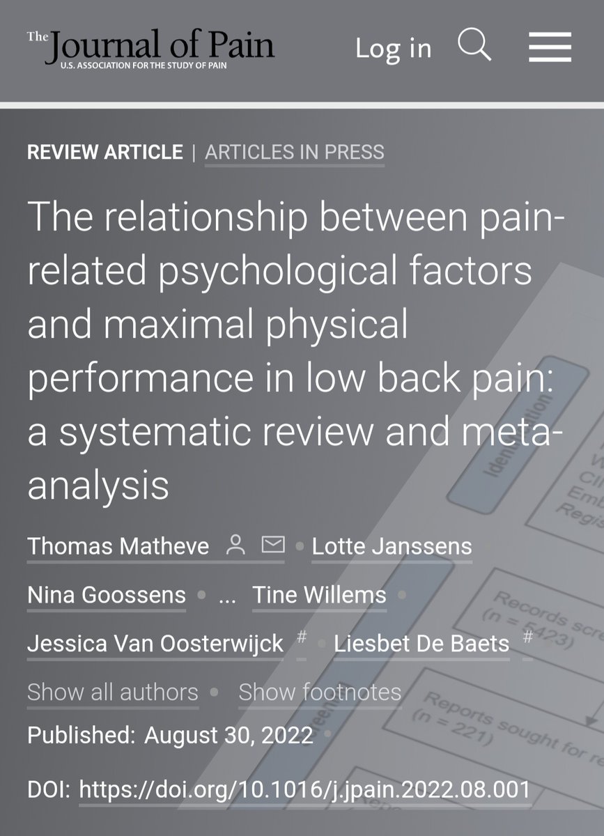 Happy to see our new Meta-analysis on the relationships between pain-related psychological factors and physical performance on LBP being published in <a href="/TheJournal_Pain/">The Journal of Pain</a>!

 <a href="/LiesbetDebaets/">Liesbet De Baets</a>
<a href="/LotteJanssens2/">Lotte Janssens</a> <a href="/NinaGoossens2/">Nina Goossens</a>
<a href="/DanneelsLieven/">Lieven Danneels</a> <a href="/Jessica_V_O/">Jessica Van Oosterwijck</a> 
 jpain.org/article/S1526-…
