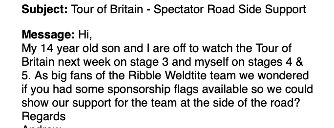 Messages like this are what makes it all worthwhile. 

We can't wait for the @TourofBritain at @RibbleWeldtite and neither it seems can our fans!