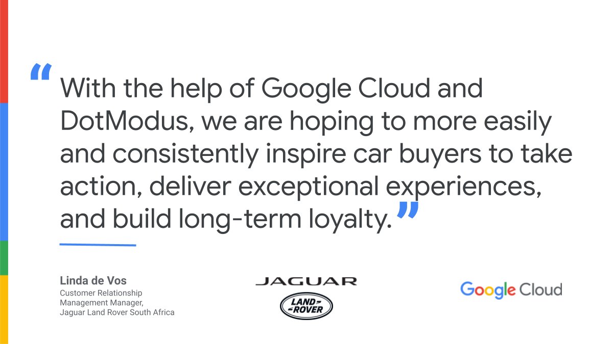 GoogleCloudNord's tweet image. Read how @LandRoverZA chose Google Cloud and partner @DotModus to modernize its data warehouse by scaling it into an industry standard asset utilizing best practice tools and technologies → goo.gle/3q1QRcK