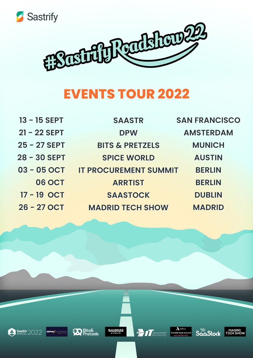 Sastrify's tweet photo. 📣 Ready to connect with our team of experts in person? 
Sastrify is hitting the road and attending eight of the biggest #SaaS events this fall. 

Hope to see you there!
Until then, let us analyze your tool stack for free: https://t.co/KAf9cfv0VS

#startup #sastrifyroadshow22 https://t.co/CcfifAS8px