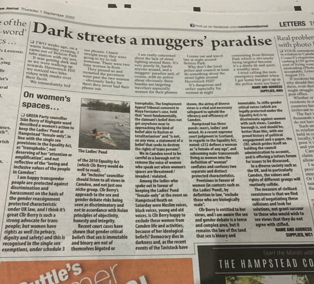 WomenOfCamden's tweet photo. Brilliant letter in @newjournal on Ladies' Pond #Hampstead #Camden &amp; women's only spaces under provisions of Equality Act, mentions also @sianberry views (recent tweets) risk being of potential #Discrimination  #LetWomenSwim
#LetWomenSpeak 
#WeWantOurPondBack https://t.co/8a653Uw25Q