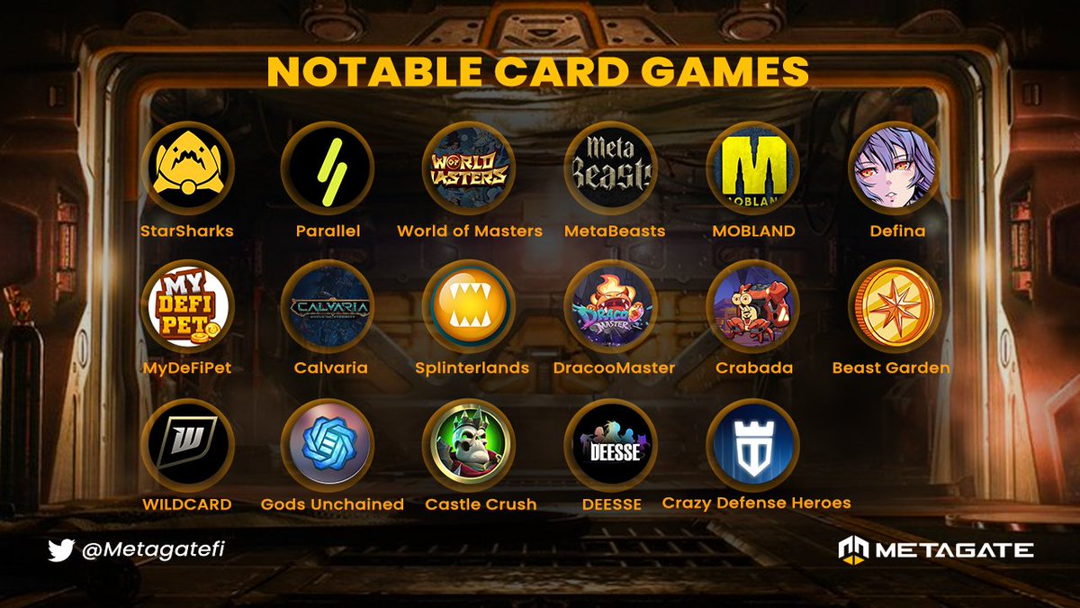 🔥Notable Card Games🔥
<a href="/splinterlands/">Splinterlands</a> <a href="/StarSharks_SSS/">🏁 StarSharks: Race is available Now | 🏎️</a> <a href="/playcastlecrush/">Castle Crush🔺</a> <a href="/MobLandHQ/">MOBLAND</a> <a href="/ParallelNFT/">-</a> <a href="/PlayCrabada/">Crabada (🦀,🦀) 🔺</a> <a href="/Dracoo_Master/">Dracoo World || #2nd Game ING 💡</a> <a href="/TowerToken/">TOWER Ecosystem</a> <a href="/GodsUnchained/">Gods Unchained</a> @MyDeFiPet <a href="/deesse_dao/">Déesse NFTArt AI & Book SAGA</a> @Defina_Official @MetaBeasts <a href="/CalvariaP2E/">Calvaria: Duels of Eternity</a> <a href="/wofm_io/">World of Masters</a> <a href="/PlayWildcard/">Wildcard LIVE on Steam</a> <a href="/BeastGardenWAX/">Beast Garden</a> 
#P2E  #Metaverse  #GameFi