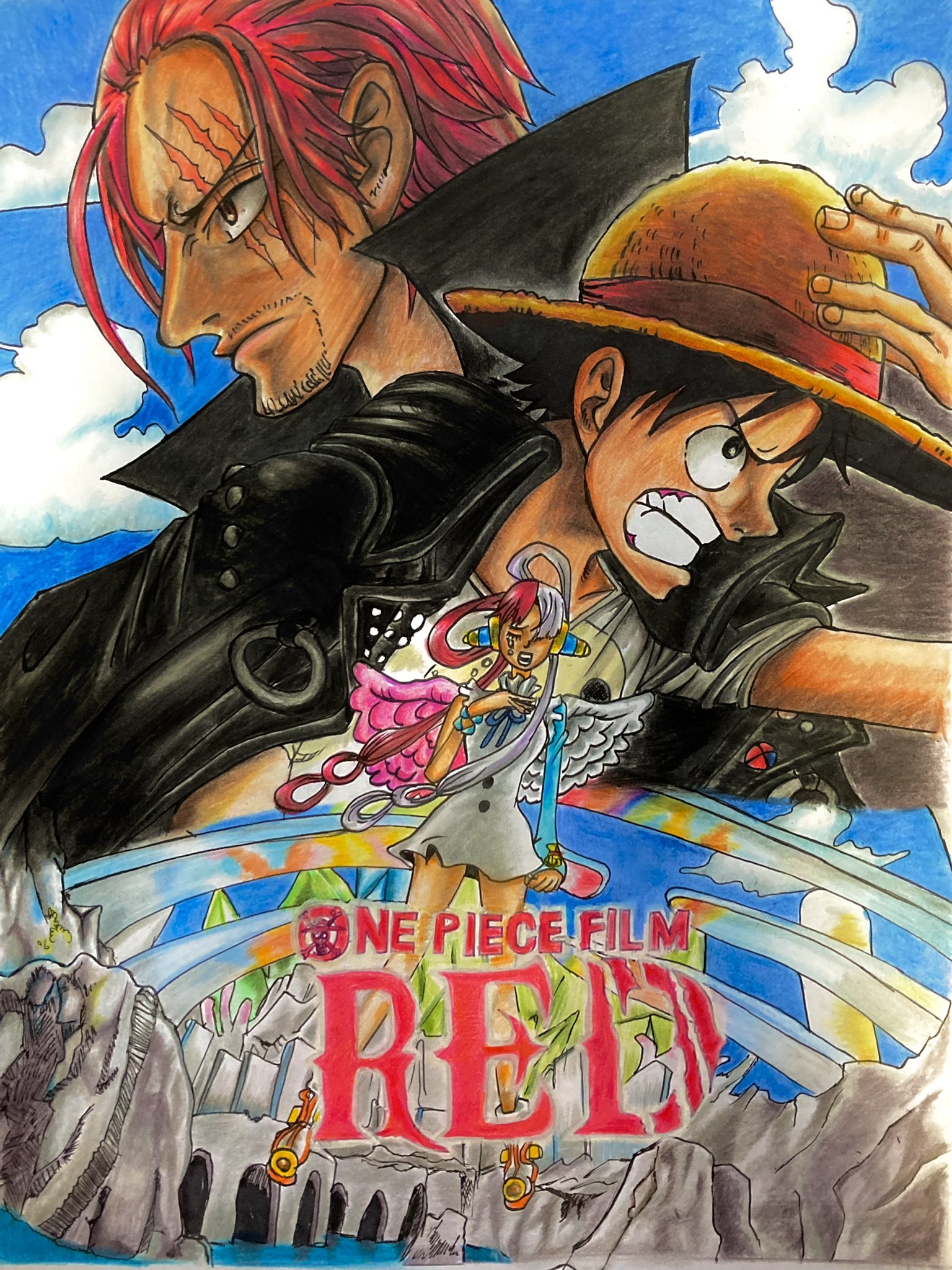 よっぴー One Piece Film Red シャンクス ルフィ ウタ 色鉛筆で模写してみた Filmred文化祭 アート部門 Onepiece Filmred ウタ T Co Tzmggo4pg1 Twitter