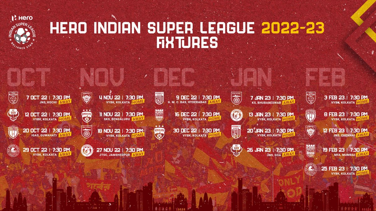 eastbengal_fc's tweet photo. #TorchBearers, mark your 🗓️ because the #HeroISL 2022-23 fixtures are here! 🤩

প্রথমবারের জন্য আমরা হিরো আইএসএল ঘরের মাঠে খেলতে চলেছি। আপনারা সবাই কতটা উত্তেজিত? 🔴🟡

#JoyEastBengal #EmamiEastBengal #LetsFootball #IndianFootball https://t.co/hCUpH3fB4E