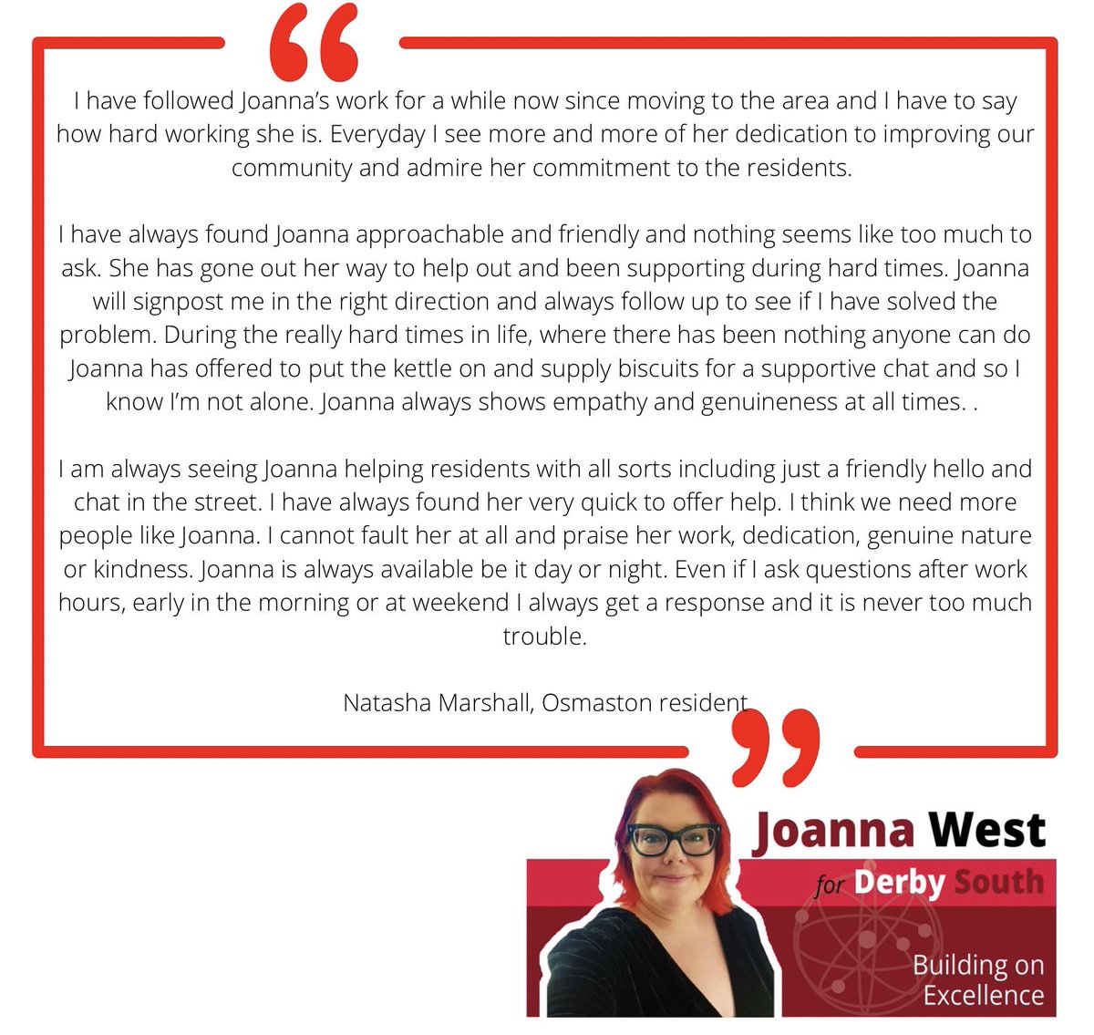 JoannaWestUK's tweet image. Such kind words from Natasha, I’m very grateful for her support. As a councillor I work hard for my area, I try to be approachable and helpful - I would do the same if elected to serve Derby South. 

#BuildingOnExcellence #ForTheFuture #VocalAndVisible #DerbySouth