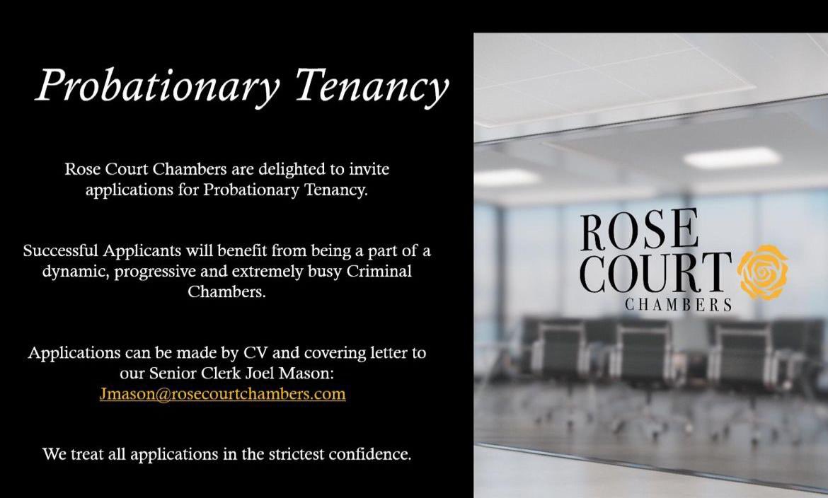 RoseCourtLaw's tweet photo. Rose Court Chambers are delighted to invite applications for Probationary Tenancy.
#JoinUs #ProbationaryTenancy #ThirdSix https://t.co/8QAyTVQbDW