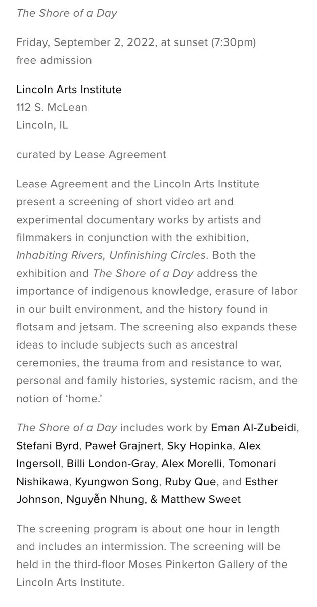LibRadioProject's tweet image. We’re delighted that #liberationradio @LibRadioProject will 📽 screen at this event in Illinois tomorrow👇

“The Shore of a Day”

Friday, September 2, at sunset (7:30pm)
free admission

Lincoln Arts Institute
112 S. McLean
Lincoln, IL

curated by Lease Agreement