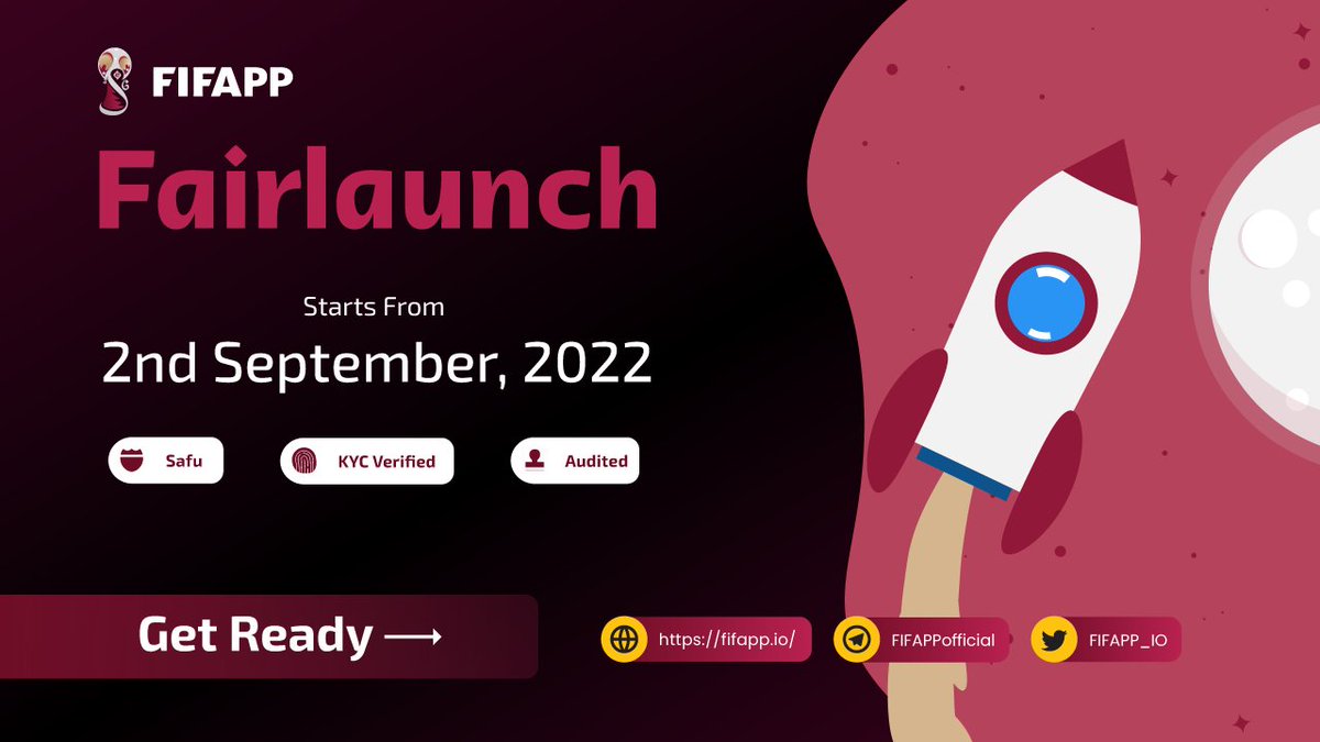 FIFAPP_IO's tweet image. ⚽🏆FIFAPP PINKSALE FAIRLAUNCH🏆⚽
 
🛡SAFU 🛡Audited 🛡KYC'ed 🛡No team token
 
FAIR LAUNCH (2-Sep 13:00 UTC)
👉f.fifapp.io/presale 👈
 
✅NFT APP LAUNCHED
✅ANTI-BOT DESIGN
✅50% INITIAL BURNT
✅NO PRIVATE SALE
✅STRONG MARKETING
✅BIG PARTNERS
LFG 🚀
#FIFAWorldCup #binance