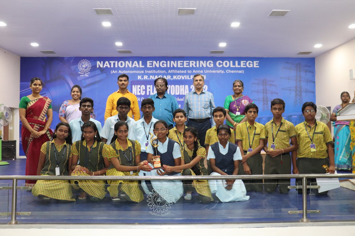 NecScience's tweet photo. Department of Science and Humanities organized NEC FLAIR YODHA 2K22 - One Day State level School Symposium on 29.08.2022

Winner:
Sri Jayendra Saraswati Swamigal Golden Jubilee Matric. Higher Secondary School, Tirunelveli.

Runner: 
R J Mantra English School, Virudhunagar. https://t.co/EziPjrbGuL