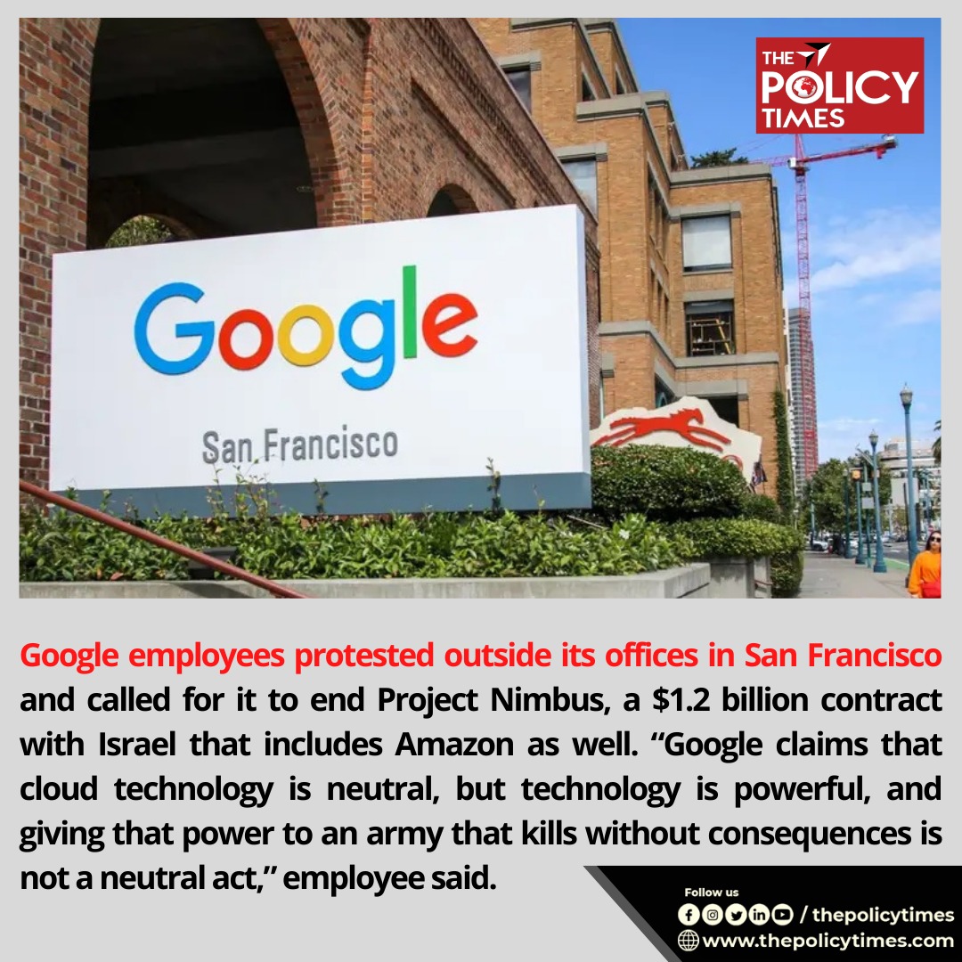 thepolicytimes's tweet photo. Google employees protested outside its offices in San Francisco and called for it to end Project Nimbus, a $1.2 billion contract with Israel that includes Amazon as well.
#google #Amazon #googleemploye #employeeprotest #nimbus #technology #googleclaim @Google @amazon https://t.co/HzTLHqwpFz