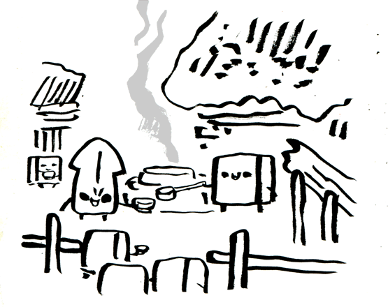 お救い小屋に来たひものぁーのイラストです 