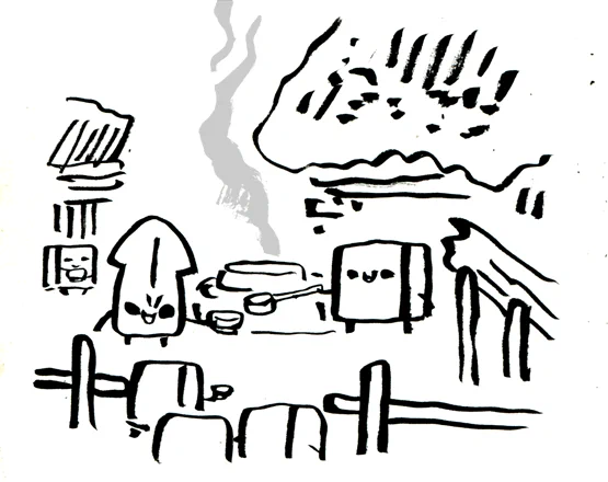 お救い小屋に来たひものぁーのイラストです 
