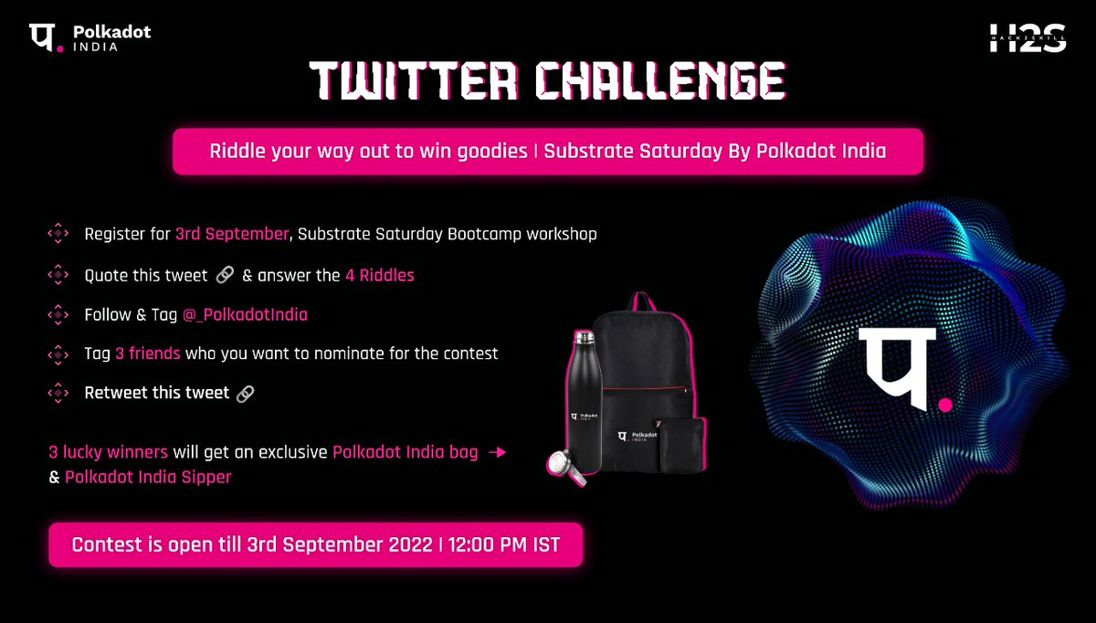 _PolkadotIndia's tweet photo. Survival of the riddlest!

🔸 Register for 3rd September, Substrate Saturday Bootcamp Workshop, https://t.co/oQXXeyD4WI
🔸 Quote this tweet🔗and answer the 4 Riddles
🔸 Follow and Tag @_PolkadotIndia
🔸 Tag 3 friends who you want to nominate for the contest https://t.co/8qW5ROY2hG