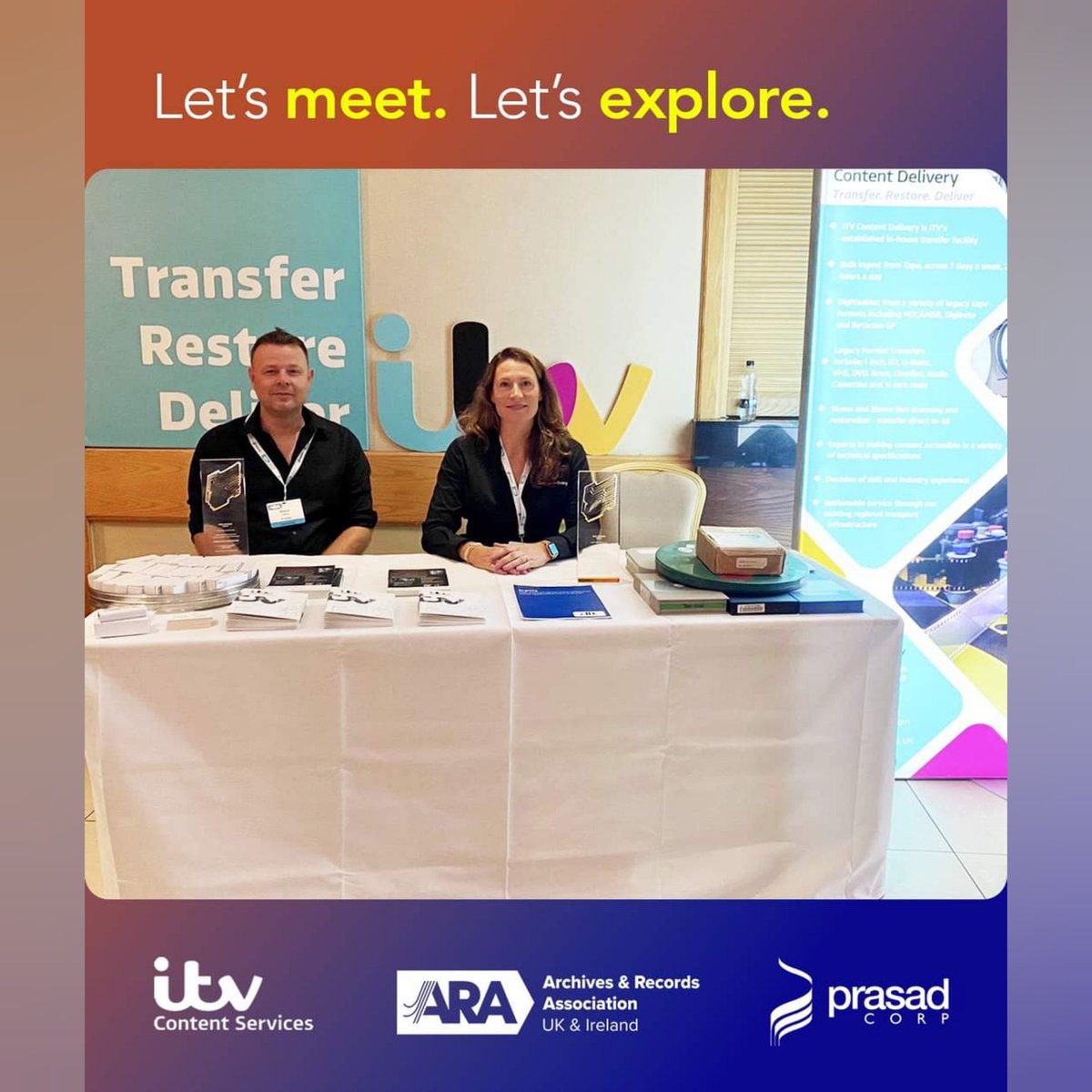 PrasadCorp's tweet photo. We're here! #ARA2022
Meet us Bethan (ITV Content Services) or Simon (Prasad Corp) to discuss your film/tape #preservation needs. Prasad’s strategic partnership with ITV Content Services brings the highest quality film scanner, DFT’s #Scanity (4K, HDR) to Leeds (North England). https://t.co/kH2cKP1VVK